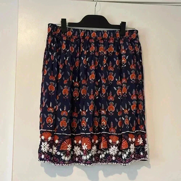 Maeve Dresses & Skirts - Maeve navy blue, bright floral, embroidered with beads and seashells skirt M